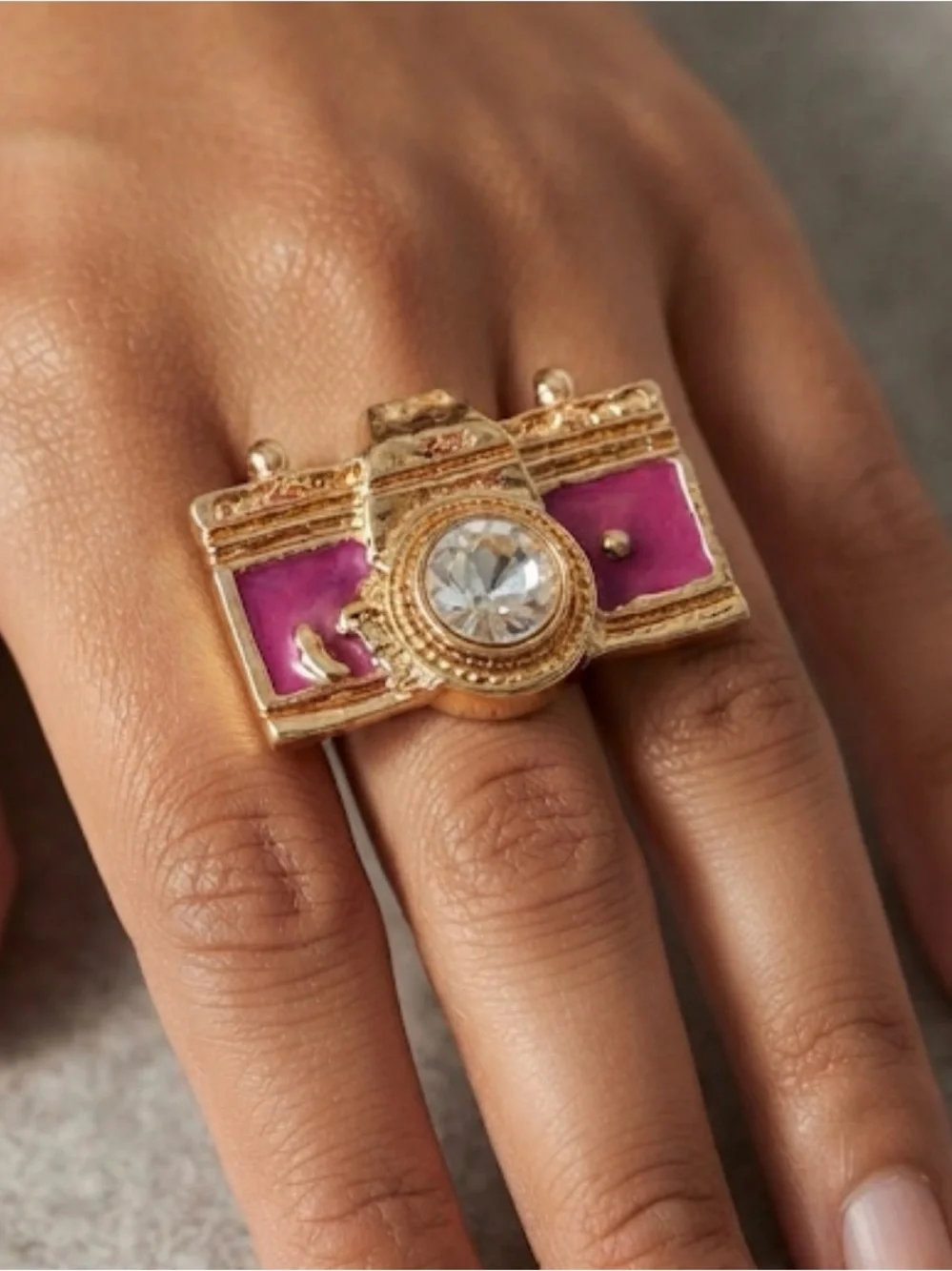 Gold-Tone Pink Enamel Statement Ring with Clear Crystal